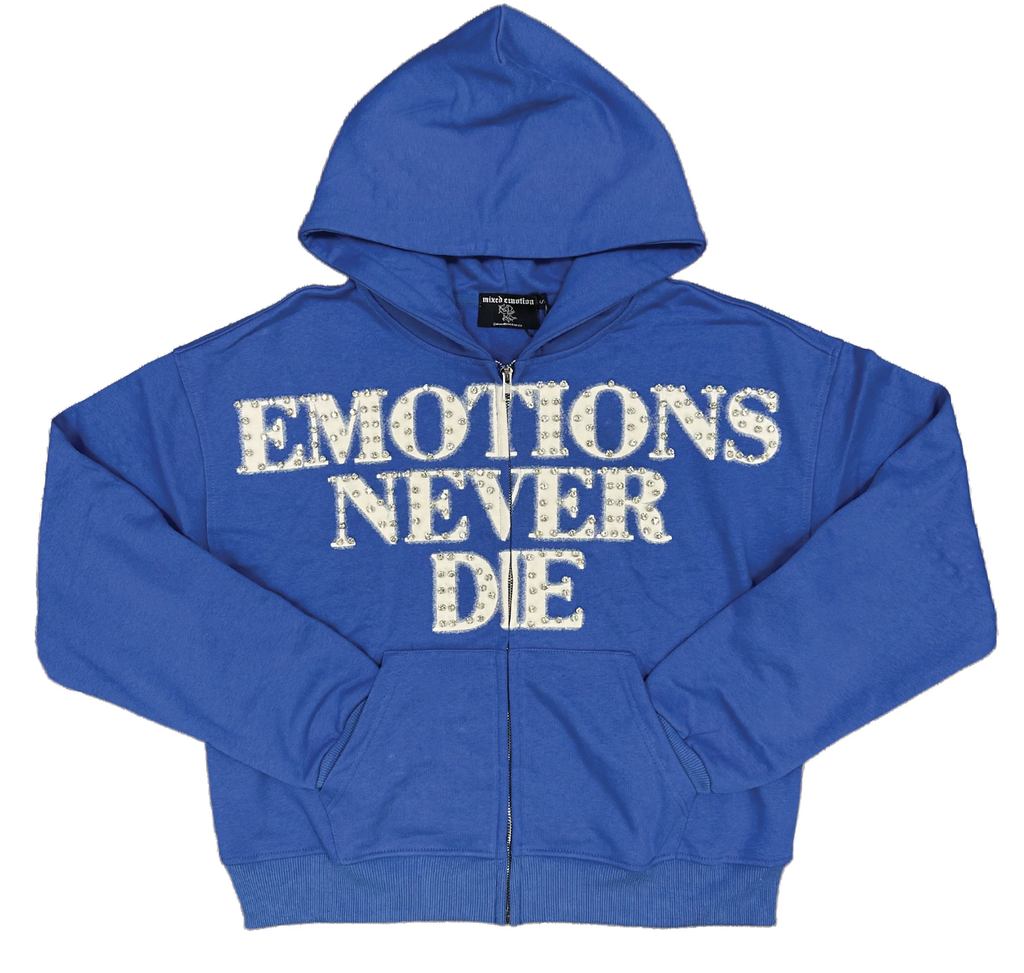 M.E. ‘End’ Rhinestone Zip Up Hoodie- Blue