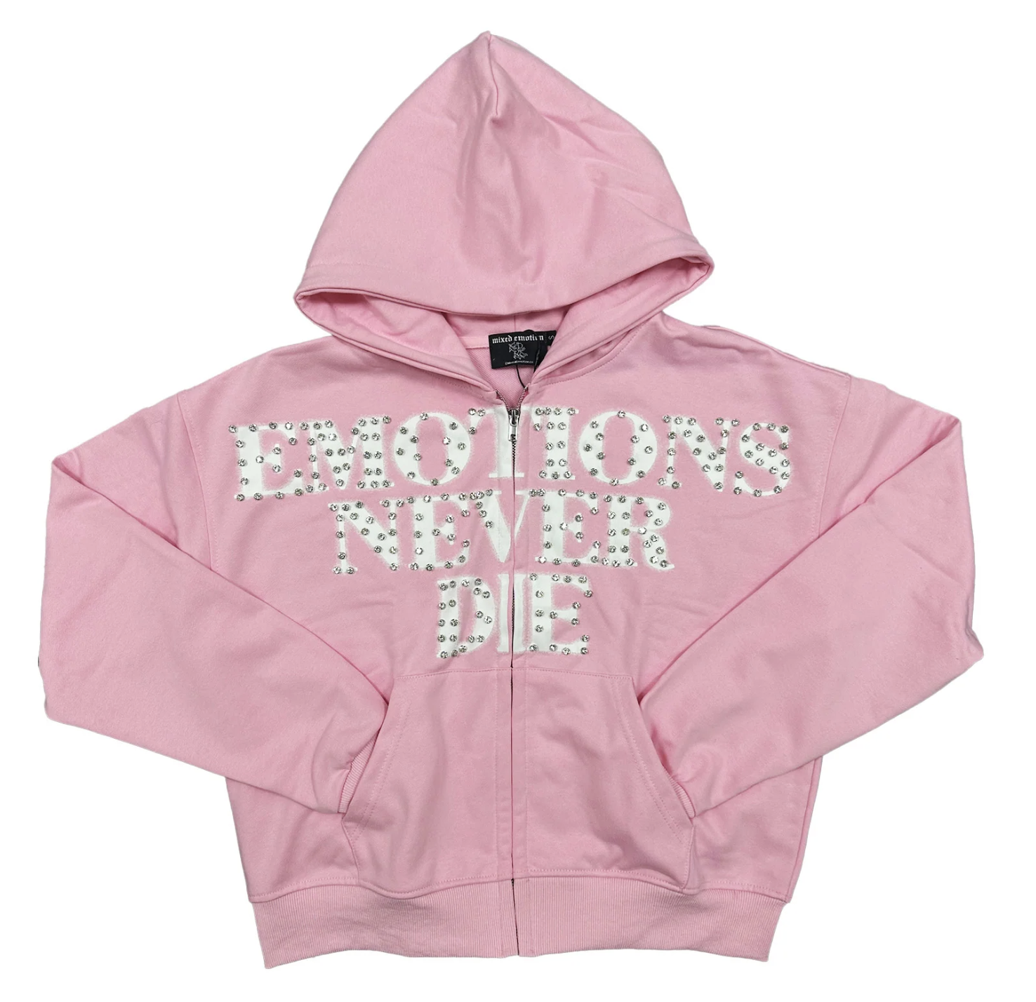 M.E. ‘End’ Rhinestone Zip Up Hoodie- Pink