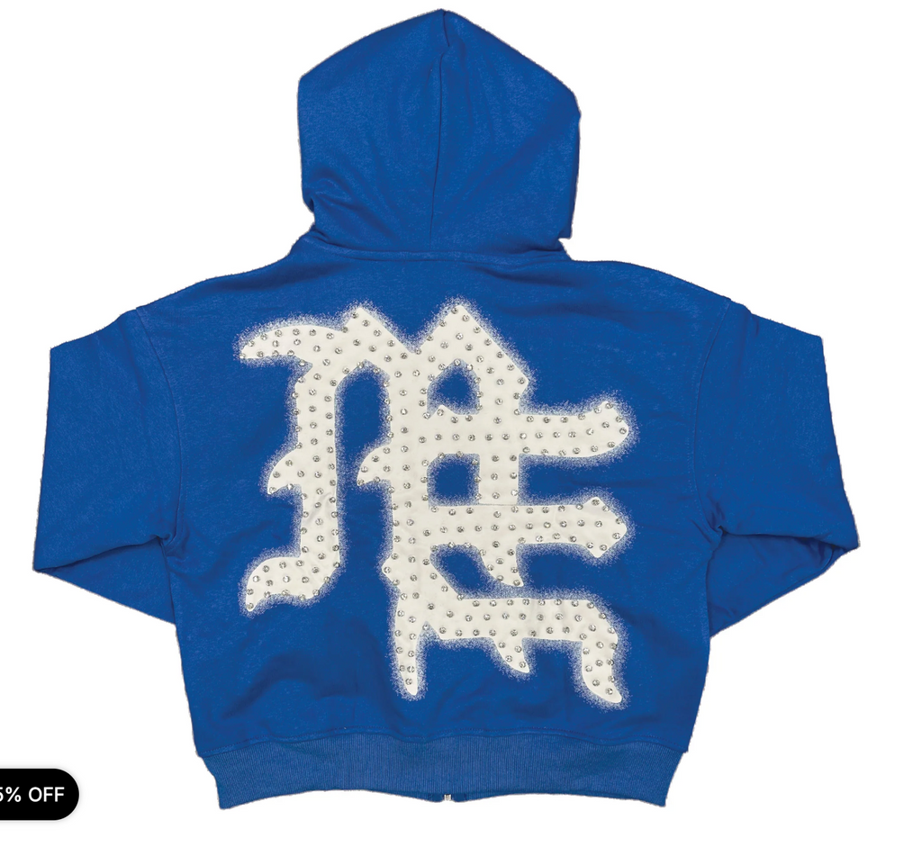 M.E. ‘End’ Rhinestone Zip Up Hoodie- Blue