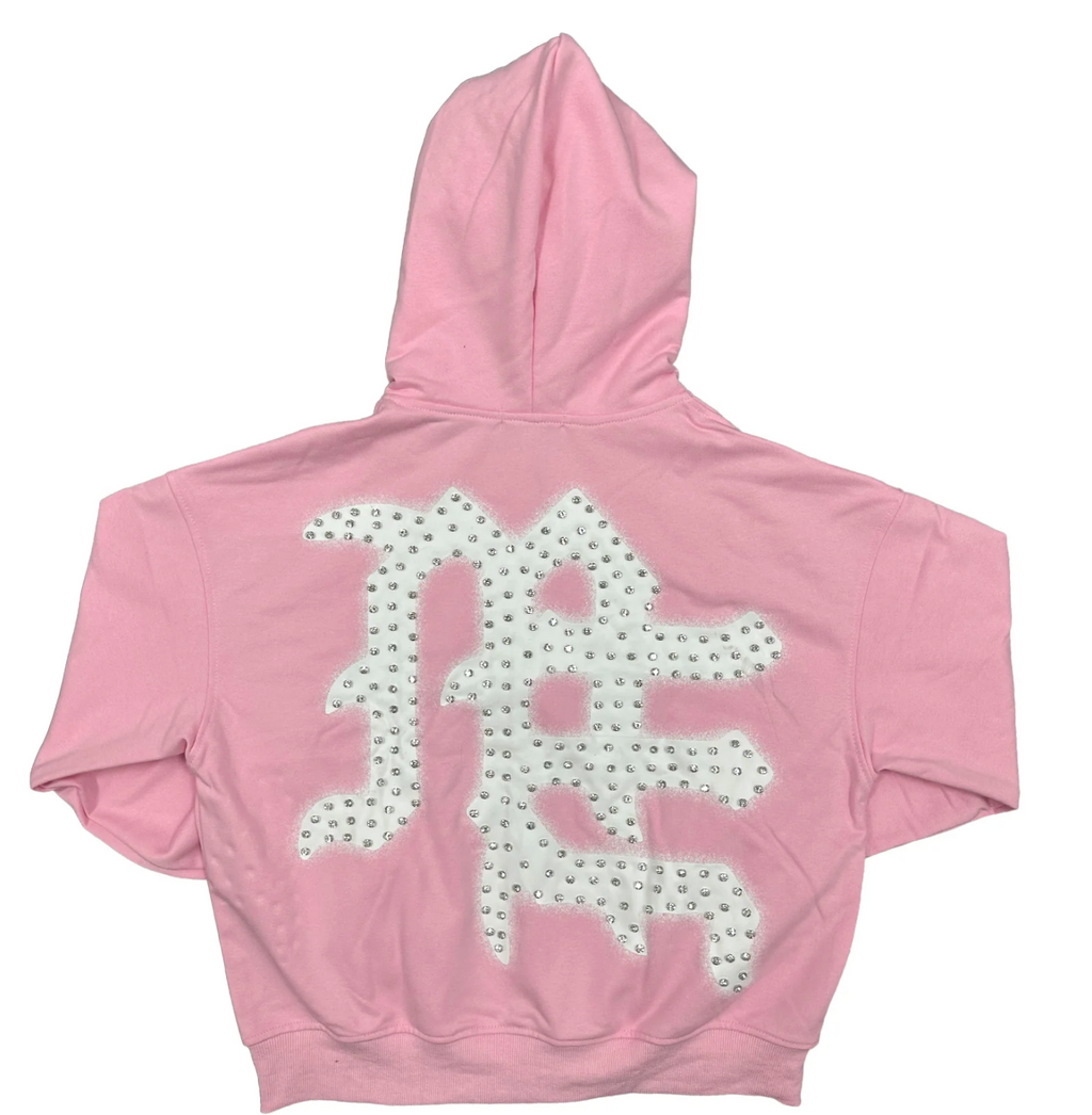M.E. ‘End’ Rhinestone Zip Up Hoodie- Pink
